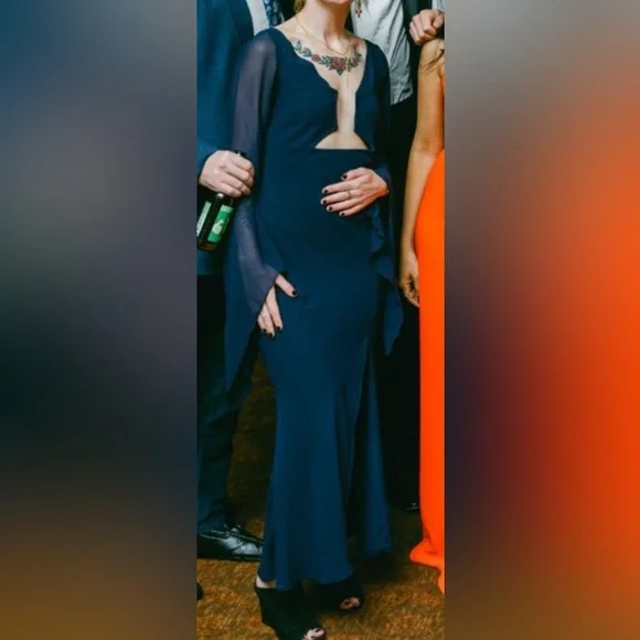 ASOS Midi Flowy Long Sleeve Cutout Dress in Navy - Picture 8 of 8